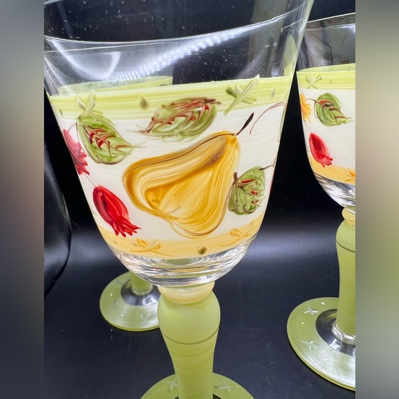 Vintage handblown hand painted 1970’s colors fruit pattern long stem glasses . - Picture 2 of 9